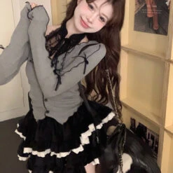 Apparel Harajuku Goth Ribbon Skirt Two Piece Set -Kawaii Store kawaiies plushies plush softtoy harajuku goth ribbon skirt two piece set apparel 418473