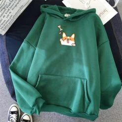 Apparel Harajuku Kawaii Corgi Hoodie -Kawaii Store kawaiies plushies plush softtoy harajuku kawaii corgi oversized hoodie apparel dark green xxxl 896423