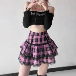Apparel Harajuku Lolita Gothic Black Pink Laced Plaid Pleated Skirt -Kawaii Store kawaiies plushies plush softtoy harajuku lolita gothic black pink laced plaid pleated skirt apparel l 648963
