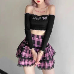 Apparel Harajuku Lolita Gothic Black Pink Laced Plaid Pleated Skirt -Kawaii Store kawaiies plushies plush softtoy harajuku lolita gothic black pink laced plaid pleated skirt apparel m 462015