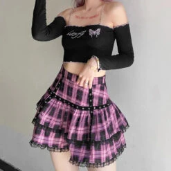 Apparel Harajuku Lolita Gothic Black Pink Laced Plaid Pleated Skirt -Kawaii Store kawaiies plushies plush softtoy harajuku lolita gothic black pink laced plaid pleated skirt apparel xl 731628