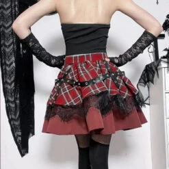 Apparel Harajuku Lolita Gothic Rouge Red Laced Plaid Pleated Skirt -Kawaii Store kawaiies plushies plush softtoy harajuku lolita gothic rouge red laced plaid pleated skirt apparel 396366