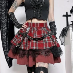 Apparel Harajuku Lolita Gothic Rouge Red Laced Plaid Pleated Skirt