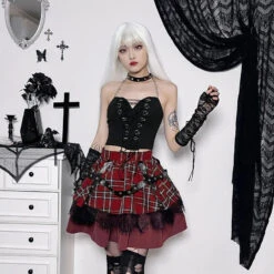 Apparel Harajuku Lolita Gothic Rouge Red Laced Plaid Pleated Skirt -Kawaii Store kawaiies plushies plush softtoy harajuku lolita gothic rouge red laced plaid pleated skirt apparel 836311