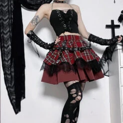 Apparel Harajuku Lolita Gothic Rouge Red Laced Plaid Pleated Skirt -Kawaii Store kawaiies plushies plush softtoy harajuku lolita gothic rouge red laced plaid pleated skirt apparel m 848881