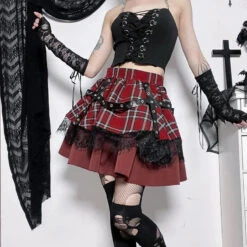 Apparel Harajuku Lolita Gothic Rouge Red Laced Plaid Pleated Skirt -Kawaii Store kawaiies plushies plush softtoy harajuku lolita gothic rouge red laced plaid pleated skirt apparel xl 271902