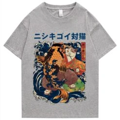 Apparel Harajuku Samurai Cat Koi Fish Unisex Tee -Kawaii Store kawaiies plushies plush softtoy harajuku samurai cat koi fish unisex tee new tops light gray s 687582
