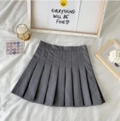 Apparel High Waist Cute Simple Pleated Short Light Skirt -Kawaii Store kawaiies plushies plush softtoy high waist cute simple pleated short light skirt apparel gray s 562149