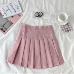 Apparel High Waist Cute Simple Pleated Short Light Skirt -Kawaii Store kawaiies plushies plush softtoy high waist cute simple pleated short light skirt apparel pink m 512421