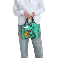 Jade Green Lucky Cat Insulated Lunch Bag