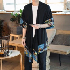 Apparel Japanese Blue Fans Black Men's Haori Yukata Kimono Jacket
