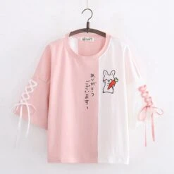 Apparel Japanese Bunny Carrot Loose Short-Sleeve Tee -Kawaii Store kawaiies plushies plush softtoy japanese bunny carrot loose short sleeve tee apparel pink m 501365