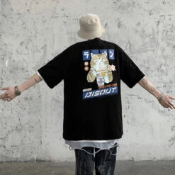Apparel Japanese Cartoon Cat Ramen Oversized Men's Tee Top -Kawaii Store kawaiies plushies plush softtoy japanese cartoon cat ramen oversized mens tee top apparel black m 896715