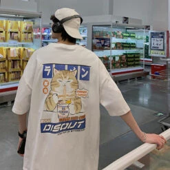 Apparel Japanese Cartoon Cat Ramen Oversized Men's Tee Top