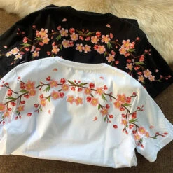 Apparel Japanese Cherry Blossoms Embroidery Tee -Kawaii Store kawaiies plushies plush softtoy japanese cherry blossoms embroidery tee apparel 913689