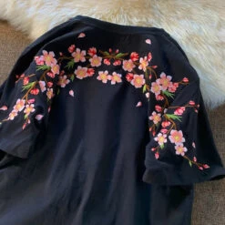 Apparel Japanese Cherry Blossoms Embroidery Tee -Kawaii Store kawaiies plushies plush softtoy japanese cherry blossoms embroidery tee apparel black s 280576