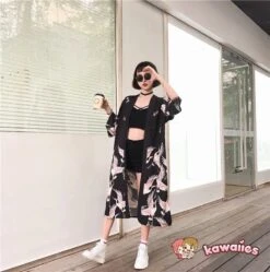 Apparel Japanese Crane Print Long Kimono -Kawaii Store kawaiies plushies plush softtoy japanese crane print long kimono kimono 151114