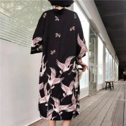 Apparel Japanese Crane Print Long Kimono -Kawaii Store kawaiies plushies plush softtoy japanese crane print long kimono kimono 318598