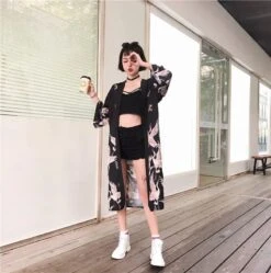 Apparel Japanese Crane Print Long Kimono -Kawaii Store kawaiies plushies plush softtoy japanese crane print long kimono kimono 631977