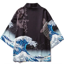 Apparel Japanese Great Wave Off Kanagawa Dragons Kois Kimono -Kawaii Store kawaiies plushies plush softtoy japanese great wave off kanagawa dragons kois kimono clothing black wave m 104981