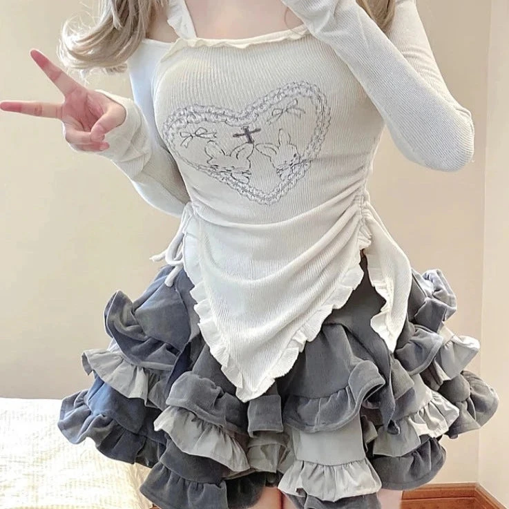 Apparel Japanese Harajuku Gray White Bunny Ruffled Skirt Top 3 Apparel Japanese Harajuku Gray White Bunny Ruffled Skirt Top