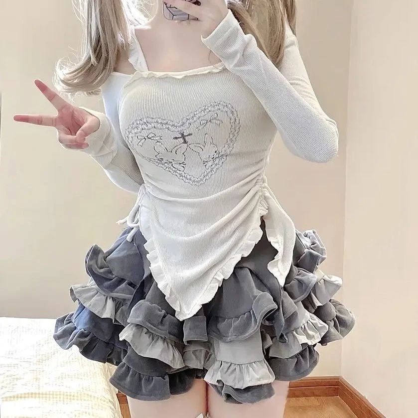 Apparel Japanese Harajuku Gray White Bunny Ruffled Skirt Top 6 Apparel Japanese Harajuku Gray White Bunny Ruffled Skirt Top - Image 4
