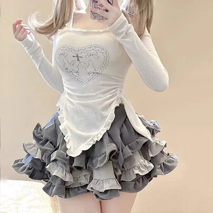 Apparel Japanese Harajuku Gray White Bunny Ruffled Skirt Top 5 Apparel Japanese Harajuku Gray White Bunny Ruffled Skirt Top - Image 3
