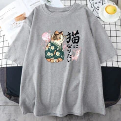 Apparel Japanese Kimono Cat Sakura Kanji Unisex Tee -Kawaii Store kawaiies plushies plush softtoy japanese kimono cat sakura kanji unisex tee tops gray xs 718516