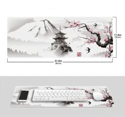 Accessories Japanese Pagoda & Cherry Blossom Tree Grayscale Long Mousepad -Kawaii Store kawaiies plushies plush softtoy japanese pagoda cherry blossom tree grayscale long mousepad new mouse pads 724557