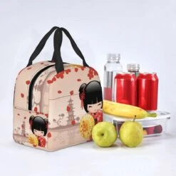 Kokeshi Doll Sakura Lunch Bag -Kawaii Store kawaiies plushies plush softtoy japanese red blue white pink sakura kokeshi doll insulated lunch bag bag 434674