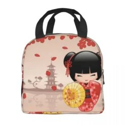Kokeshi Doll Sakura Lunch Bag -Kawaii Store kawaiies plushies plush softtoy japanese red blue white pink sakura kokeshi doll insulated lunch bag bag 741188