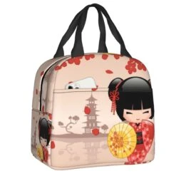 Kokeshi Doll Sakura Lunch Bag -Kawaii Store kawaiies plushies plush softtoy japanese red blue white pink sakura kokeshi doll insulated lunch bag bag pink 338526