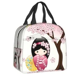 Kokeshi Doll Sakura Lunch Bag -Kawaii Store kawaiies plushies plush softtoy japanese red blue white pink sakura kokeshi doll insulated lunch bag bag white 271889