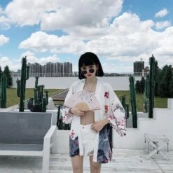 Apparel Japanese Red Crowned Crane Sakura Kimono Cardigan -Kawaii Store kawaiies plushies plush softtoy japanese red crowned crane sakura kimono cardigan new apparel 119499