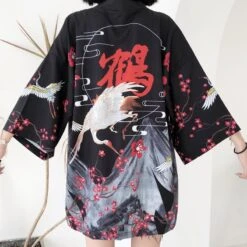 Apparel Japanese Red Crowned Crane Sakura Kimono Cardigan -Kawaii Store kawaiies plushies plush softtoy japanese red crowned crane sakura kimono cardigan new apparel 407257