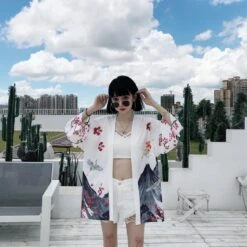 Apparel Japanese Red Crowned Crane Sakura Kimono Cardigan -Kawaii Store kawaiies plushies plush softtoy japanese red crowned crane sakura kimono cardigan new apparel 607782