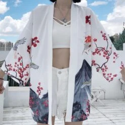 Apparel Japanese Red Crowned Crane Sakura Kimono Cardigan -Kawaii Store kawaiies plushies plush softtoy japanese red crowned crane sakura kimono cardigan new apparel 878105
