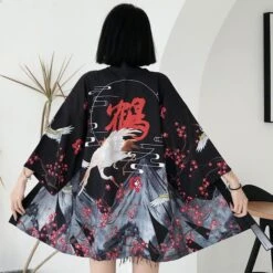 Apparel Japanese Red Crowned Crane Sakura Kimono Cardigan