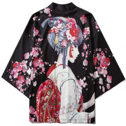 Apparel Japanese Sakura Black Red Anime Girl Long Kimono Cardigan Robes
