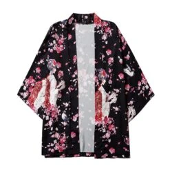 Apparel Japanese Sakura Cherry Blossom Print Kimono -Kawaii Store kawaiies plushies plush softtoy japanese sakura cherry blossom print kimono clothing black l 238111