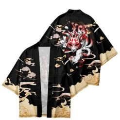 Apparel Japanese-themed Black Gold Nine Tailed Fox Unisex Kimono -Kawaii Store kawaiies plushies plush softtoy japanese themed black gold nine tailed fox unisex kimono kimono 599604