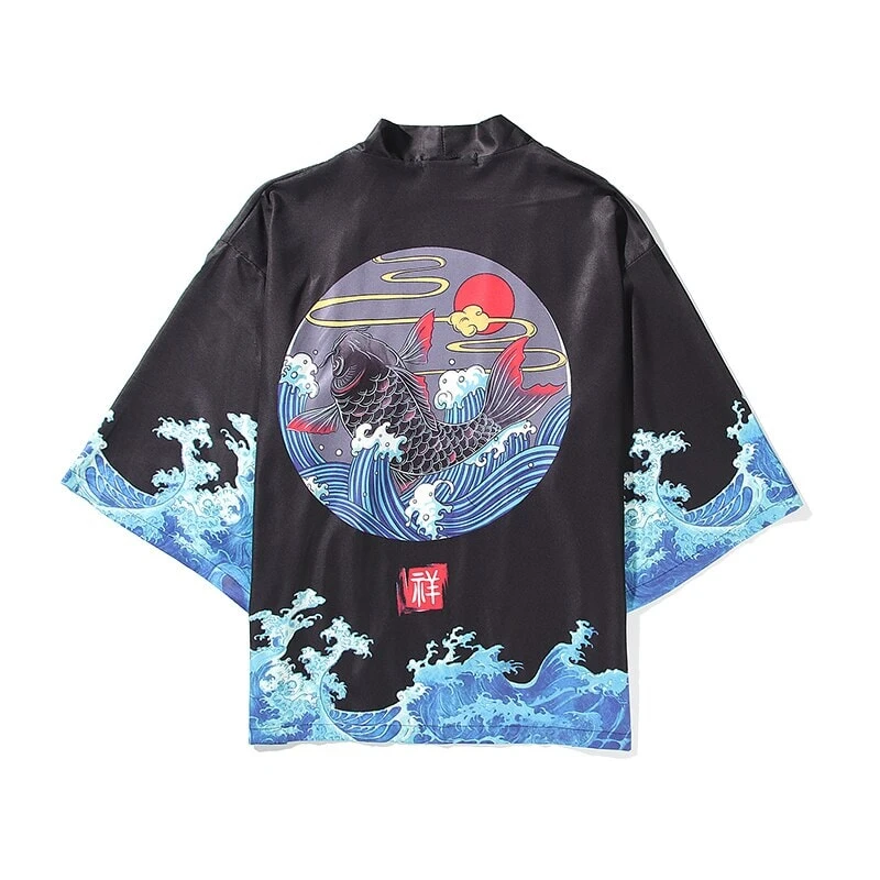 Apparel Japanese-themed Black Koi Waves Unisex Kimono 3 Apparel Japanese-themed Black Koi Waves Unisex Kimono