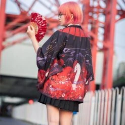 Apparel Japanese-themed Black Red Fox Snake Shrine Women's Kimono -Kawaii Store kawaiies plushies plush softtoy japanese themed black red fox snake shrine womens kimono kimono 300233