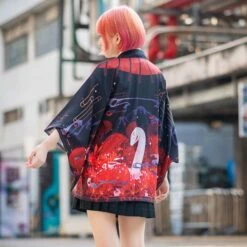 Apparel Japanese-themed Black Red Fox Snake Shrine Women's Kimono -Kawaii Store kawaiies plushies plush softtoy japanese themed black red fox snake shrine womens kimono kimono 421431