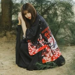 Apparel Japanese-themed Black Red Fox Snake Shrine Women's Kimono -Kawaii Store kawaiies plushies plush softtoy japanese themed black red fox snake shrine womens kimono kimono 638783