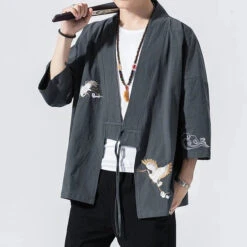 Apparel Japanese-themed Crane Cloud Minimal Men's Yukata Kimono Jacket -Kawaii Store kawaiies plushies plush softtoy japanese themed crane cloud minimal mens yukata kimono jacket kimono 166096
