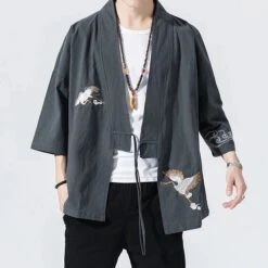 Apparel Japanese-themed Crane Cloud Minimal Men's Yukata Kimono Jacket -Kawaii Store kawaiies plushies plush softtoy japanese themed crane cloud minimal mens yukata kimono jacket kimono 813932