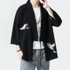 Apparel Japanese-themed Crane Cloud Minimal Men's Yukata Kimono Jacket -Kawaii Store kawaiies plushies plush softtoy japanese themed crane cloud minimal mens yukata kimono jacket kimono black m 608699