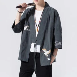 Apparel Japanese-themed Crane Cloud Minimal Men's Yukata Kimono Jacket -Kawaii Store kawaiies plushies plush softtoy japanese themed crane cloud minimal mens yukata kimono jacket kimono gray blue m 490805