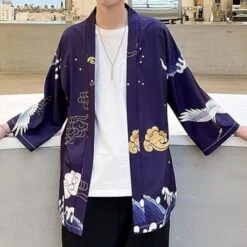 Apparel Japanese-themed Crane Cloudy Waves Unisex Purple/White Kimono -Kawaii Store kawaiies plushies plush softtoy japanese themed crane cloudy waves unisex purplewhite kimono kimono 239799